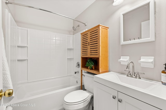 full bathroom featuring vanity, tub / shower combination, and toilet