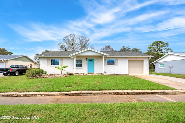 single story home with a garage and a front yard