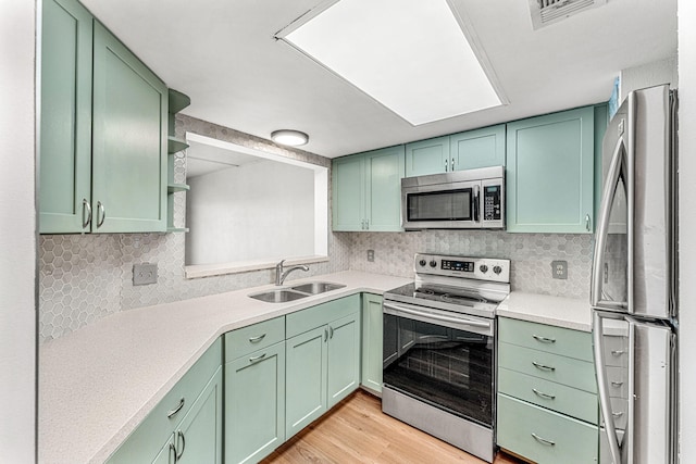 kitchen featuring sink, green cabinets, appliances with stainless steel finishes, decorative backsplash, and light wood-type flooring