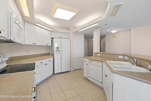 kitchen featuring white cabinetry, sink, light tile patterned flooring, and white appliances