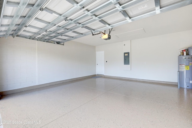 garage featuring a garage door opener, electric water heater, and electric panel