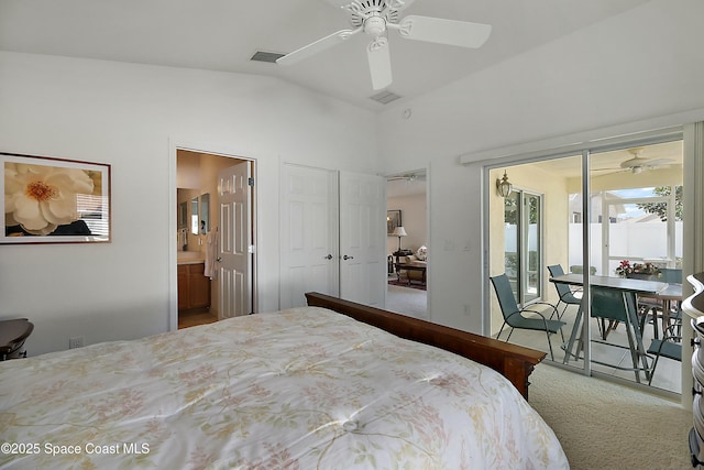 bedroom with lofted ceiling, ensuite bathroom, carpet flooring, ceiling fan, and access to exterior