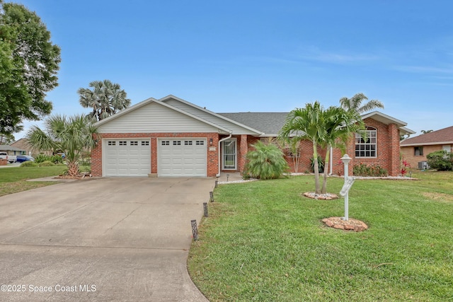 single story home with a garage, central AC, and a front yard