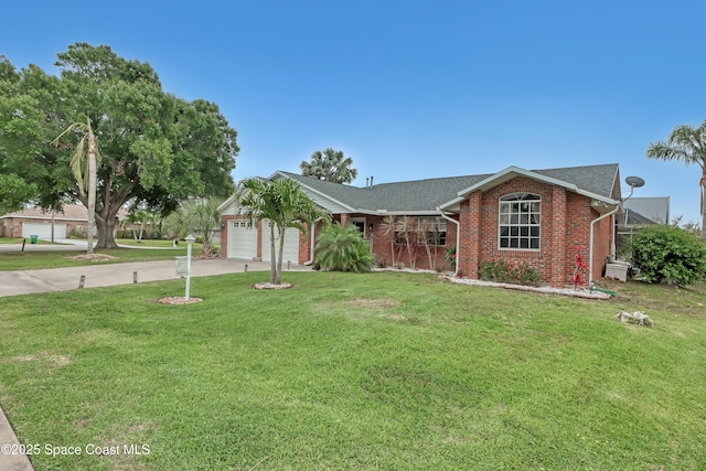 ranch-style house with a garage and a front yard