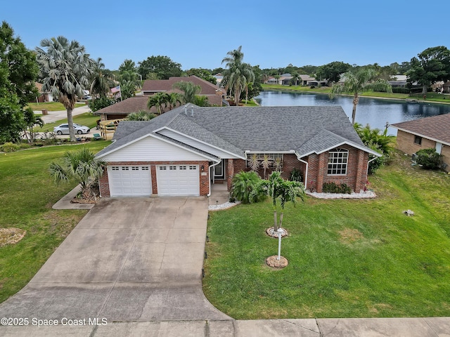 ranch-style house with a garage, a water view, and a front lawn