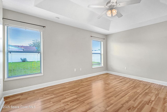 unfurnished room with ceiling fan and light wood-type flooring