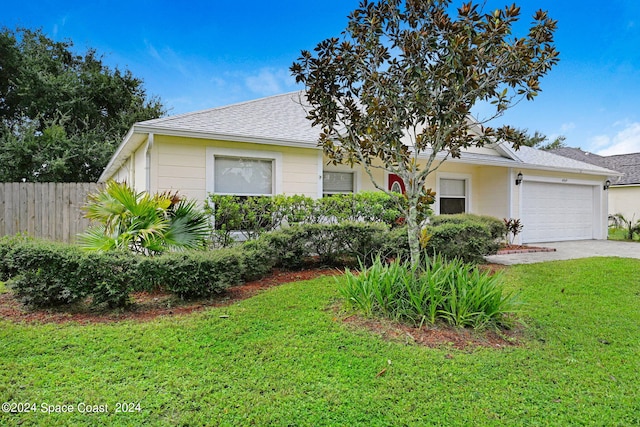 ranch-style house with a garage and a front yard