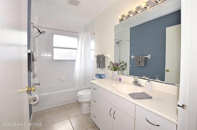 full bathroom featuring shower / bath combination with curtain, vanity, toilet, and tile patterned flooring