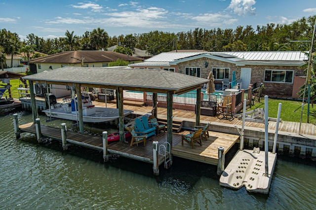 dock area with a water view and a swimming pool