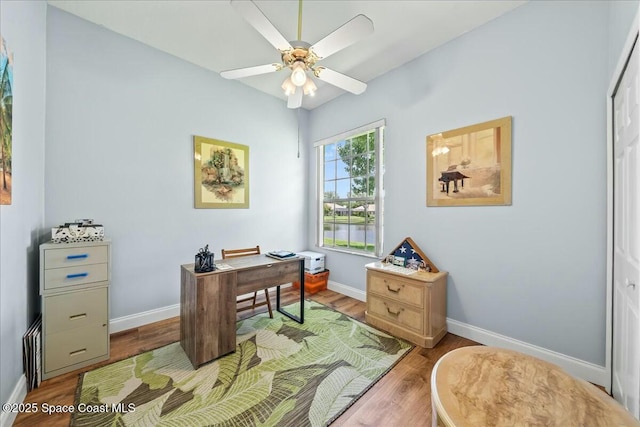 office space featuring wood-type flooring and ceiling fan