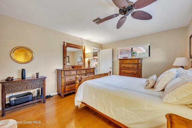 bedroom featuring ceiling fan and light hardwood / wood-style flooring