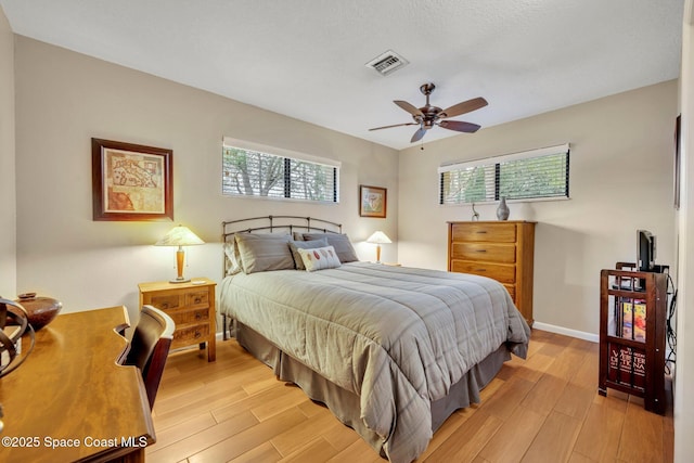 bedroom featuring ceiling fan and light hardwood / wood-style floors