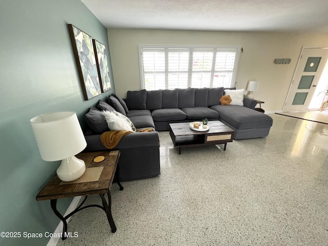 living room featuring a textured ceiling