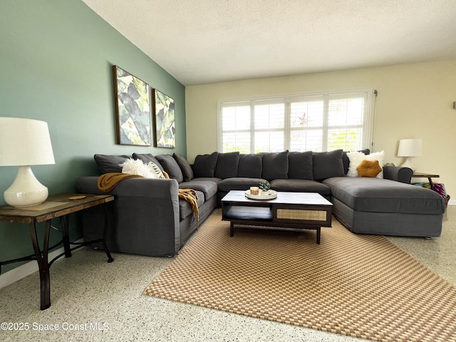 living room with a textured ceiling