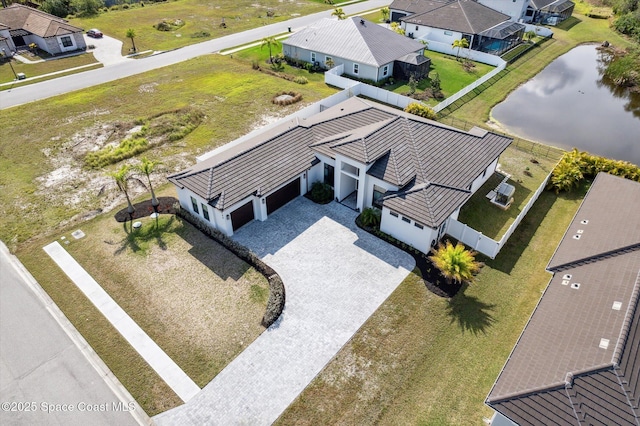 aerial view featuring a water view