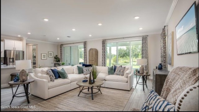 living room featuring ornamental molding and light hardwood / wood-style flooring