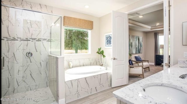 bathroom featuring plus walk in shower, hardwood / wood-style flooring, ornamental molding, vanity, and a raised ceiling