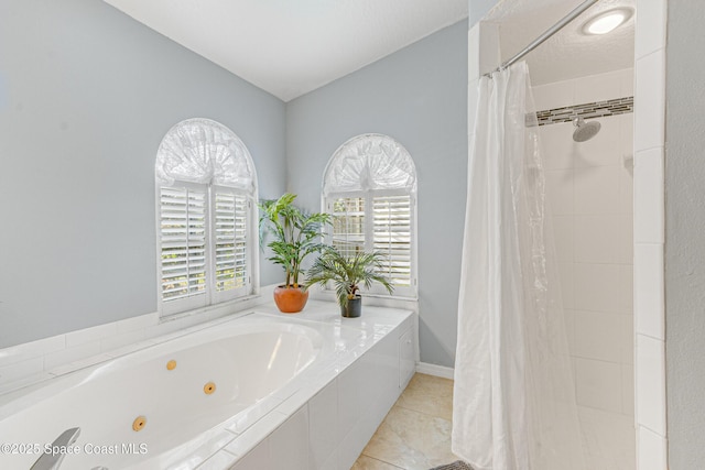 bathroom with plus walk in shower and tile patterned floors