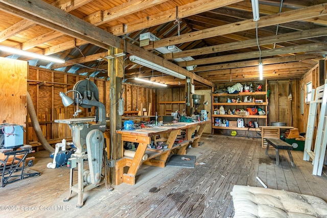 basement with hardwood / wood-style floors and a workshop area