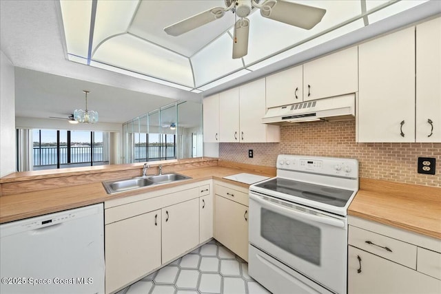 kitchen featuring sink, decorative backsplash, ceiling fan, kitchen peninsula, and white appliances