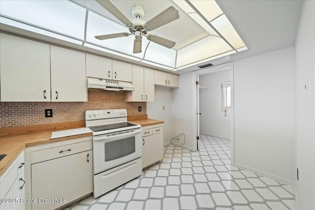 kitchen featuring ceiling fan, white electric range oven, decorative backsplash, and white cabinets