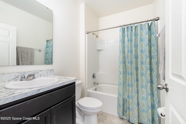 full bathroom featuring shower / bathtub combination with curtain, vanity, toilet, and tile patterned floors