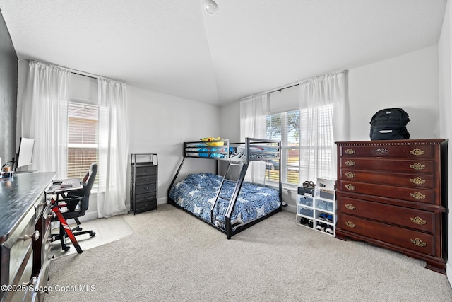 carpeted bedroom with vaulted ceiling