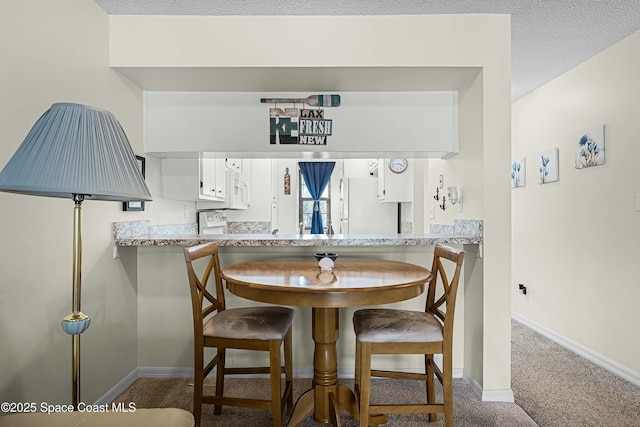 carpeted dining area featuring a textured ceiling