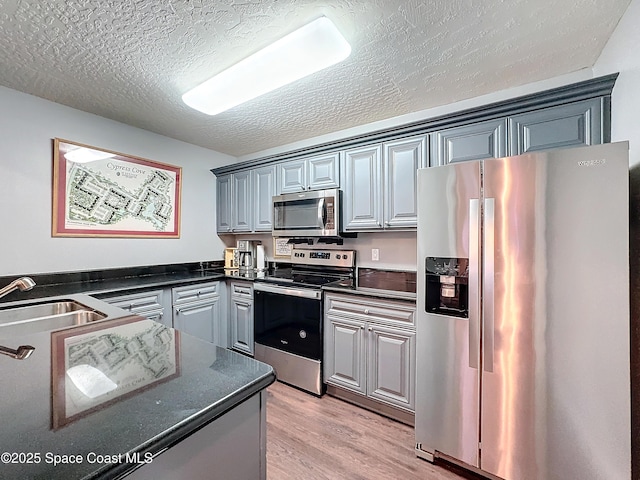 kitchen with sink, gray cabinets, stainless steel appliances, light hardwood / wood-style floors, and a textured ceiling