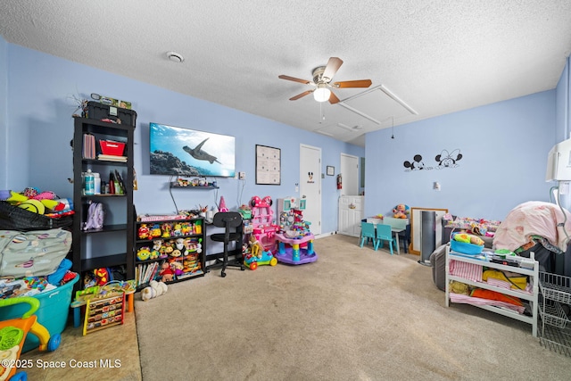 rec room with attic access, carpet flooring, and a textured ceiling