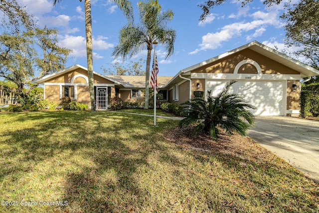 ranch-style house with a garage and a front yard