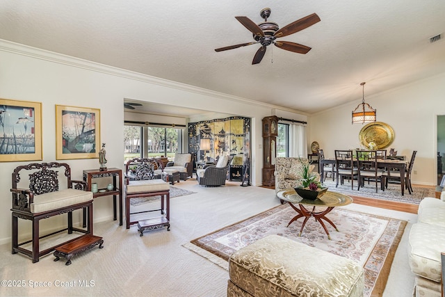 living room featuring a healthy amount of sunlight, lofted ceiling, a textured ceiling, and ornamental molding