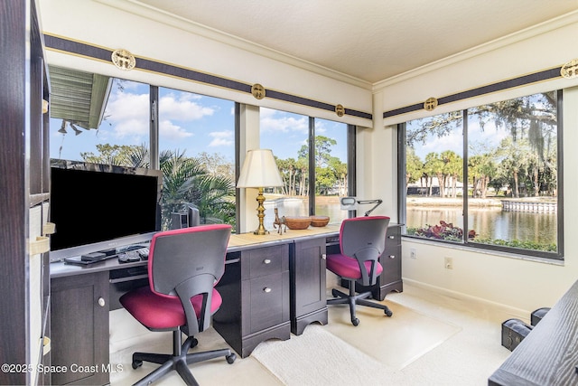 carpeted office featuring a water view and ornamental molding