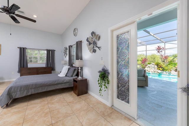 bedroom featuring access to exterior, light tile patterned floors, high vaulted ceiling, and ceiling fan