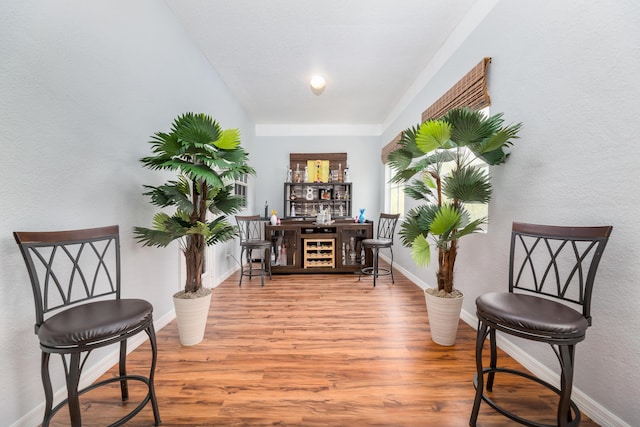 living area featuring indoor bar and light hardwood / wood-style floors