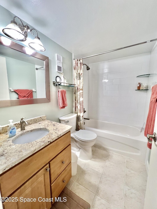 full bathroom featuring vanity, shower / tub combo, and toilet