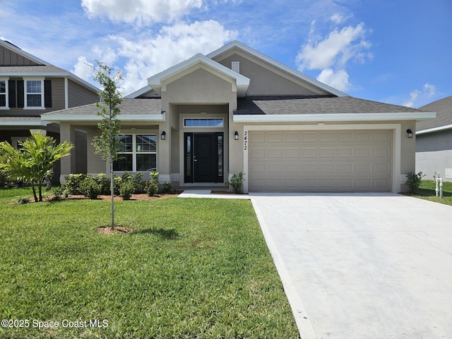 2472 Carrick St NW, Palm Bay, FL 32907 - ranch-style house with stucco siding, concrete driveway, an attached garage, a front yard, and roof with shingles