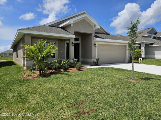 2472 Carrick St NW, Palm Bay, FL 32907 - view of front of house featuring stucco siding, an attached garage, concrete driveway, a shingled roof, and a front yard