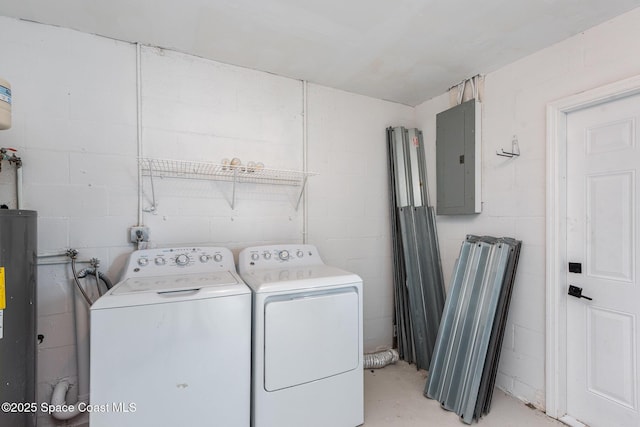 washroom with hookup for a washing machine, electric panel, and water heater