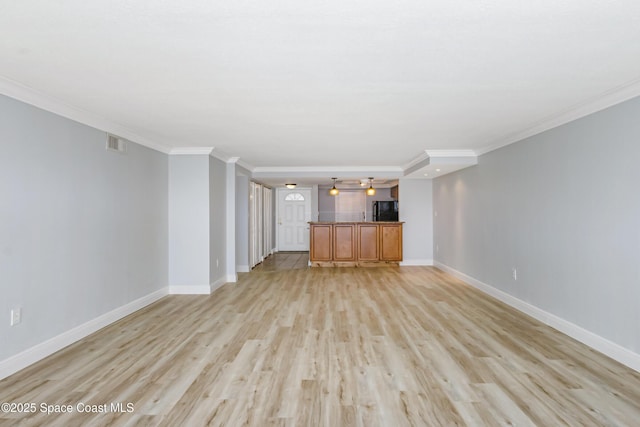 unfurnished living room with crown molding, ceiling fan, and light wood-type flooring