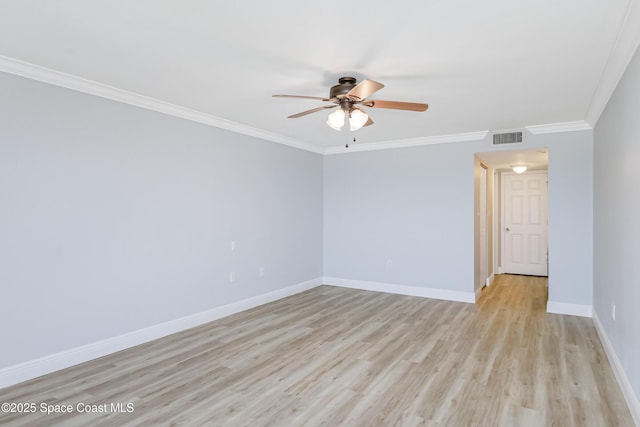 unfurnished room with crown molding, ceiling fan, and light hardwood / wood-style floors