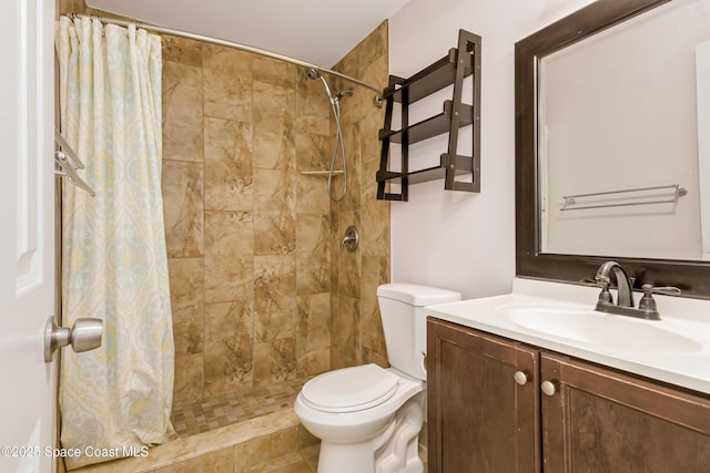 bathroom with vanity, curtained shower, and toilet