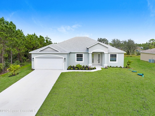 ranch-style home featuring a garage, driveway, a front lawn, and a shingled roof