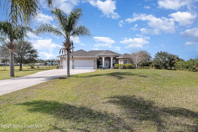 ranch-style house with a garage and a front yard