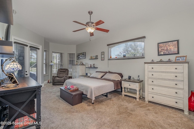 bedroom with access to outside, ceiling fan, and carpet flooring