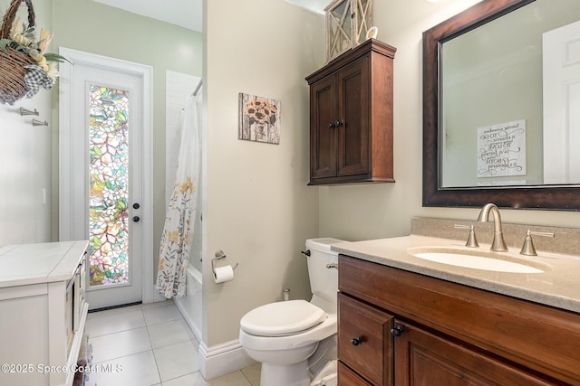 full bathroom featuring vanity, tile patterned floors, toilet, and shower / bathtub combination with curtain