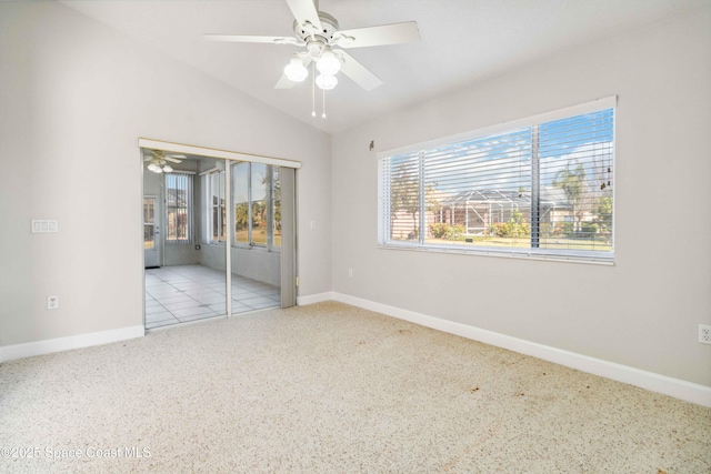 unfurnished bedroom with ceiling fan, light colored carpet, lofted ceiling, and access to exterior