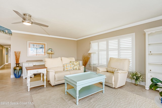 living area with concrete floors, crown molding, and ceiling fan