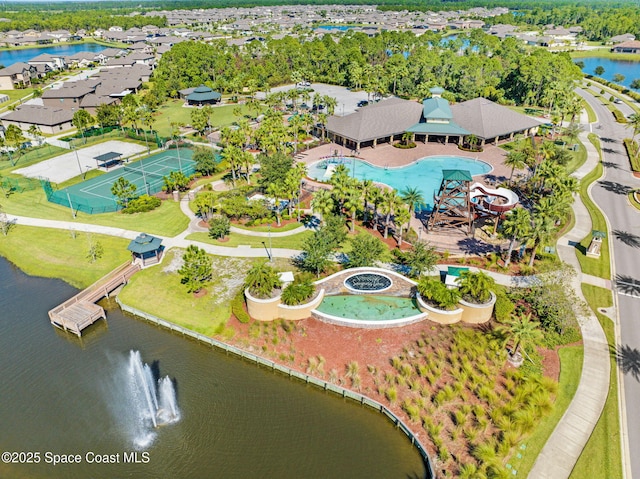 drone / aerial view featuring a water view