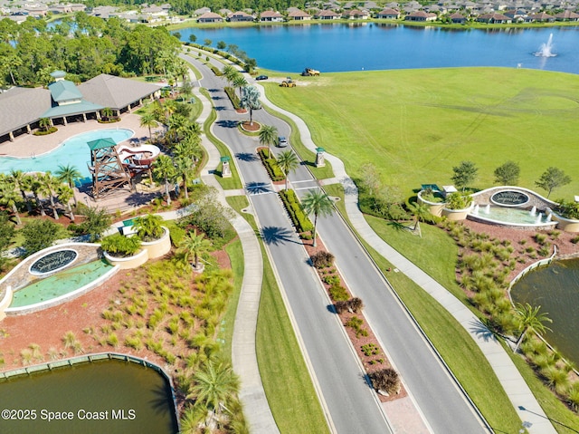 drone / aerial view featuring a water view